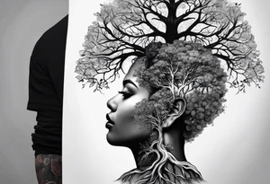 Andrea Rogge art tattoo, where two people are the roots and overflow into a tree, round tattoo tattoo idea