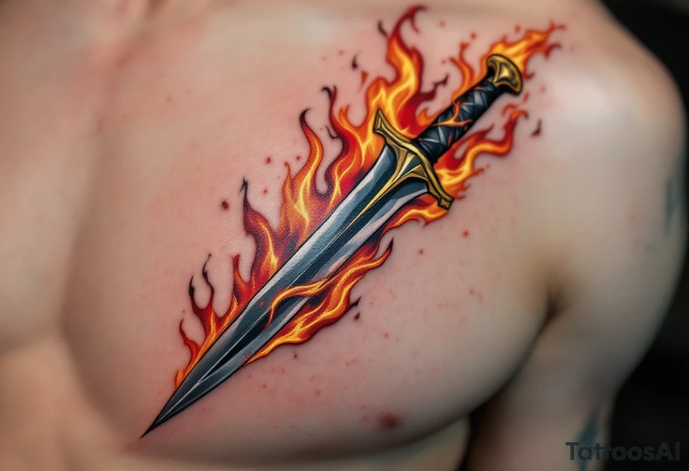 Dagger in Fire – A dagger engulfed in flames of orange, yellow, and red, with the blade in polished steel contrasting against the fiery background. The flames are vivid, wrapping around the dagger in a dynamic motion. tattoo idea
