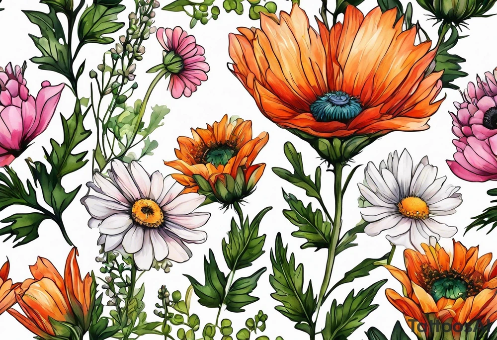 wildflowers with thistles, ferns, white anemones, sun flowers, orange flowers, green flowers, pink flowers, red flowers, babys breath and daisies all in watercolor tattoo idea