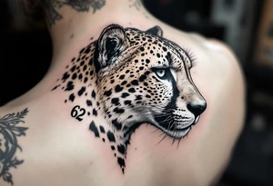 cheetah with the number 62 incorporated in its fur tattoo idea