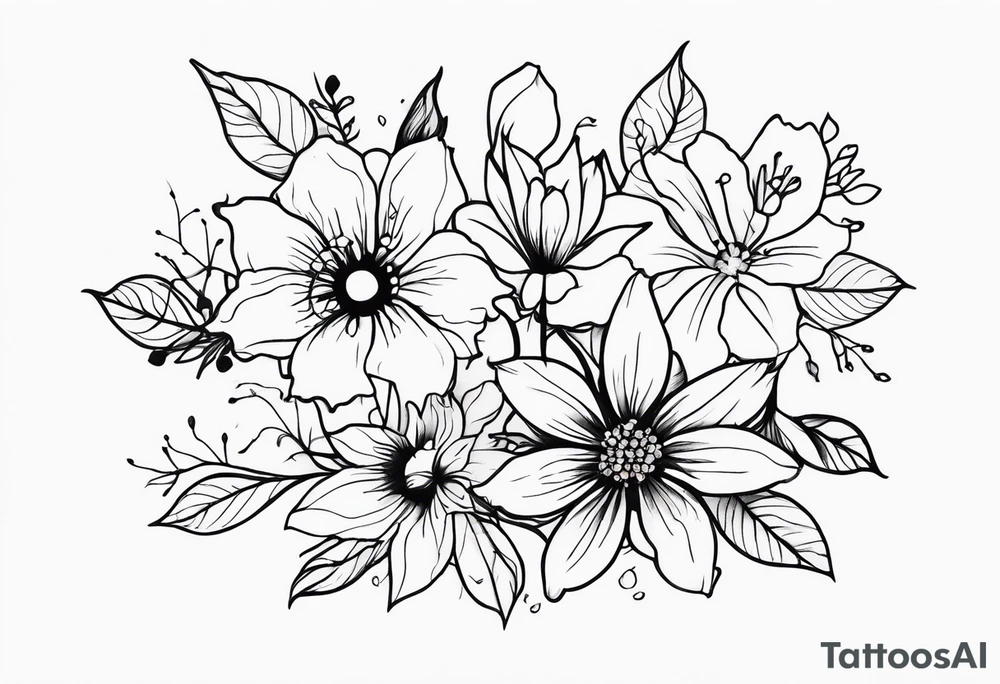 A black and white small damaged neuron with color florals tattoo idea