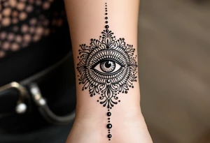 Indian style Henna tattoo for the inner wrist include the word pain and an eye tattoo idea