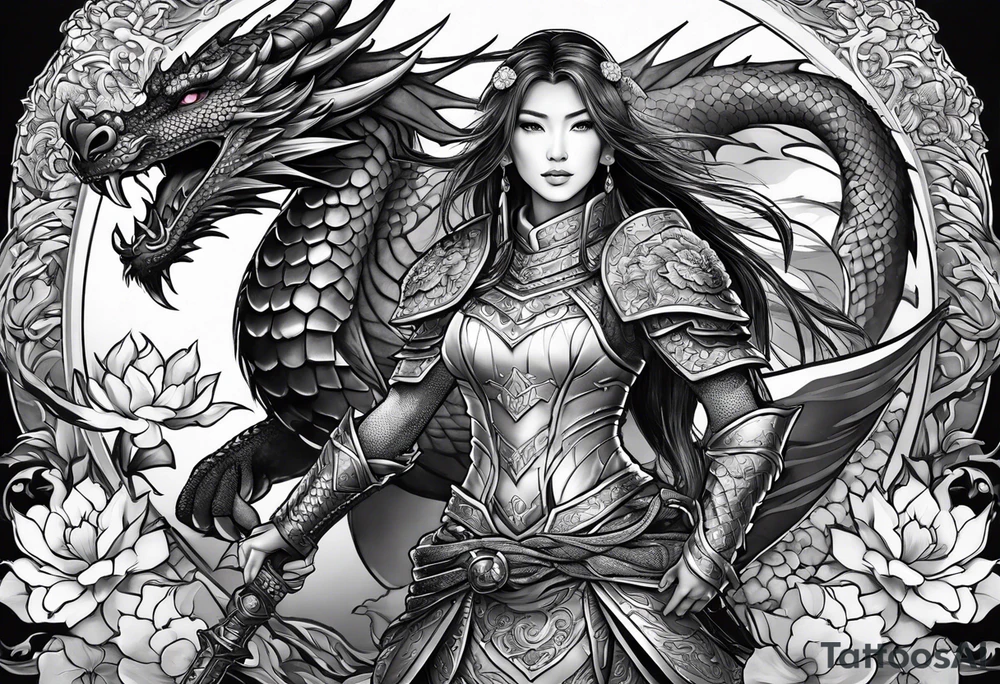 beautiful warrior woman wearing dragon armor and a floral background and a dragon a full picture tattoo idea
