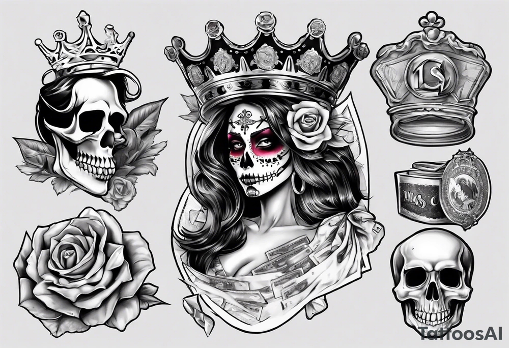 santa la muerta with money and crown
on the card tattoo idea