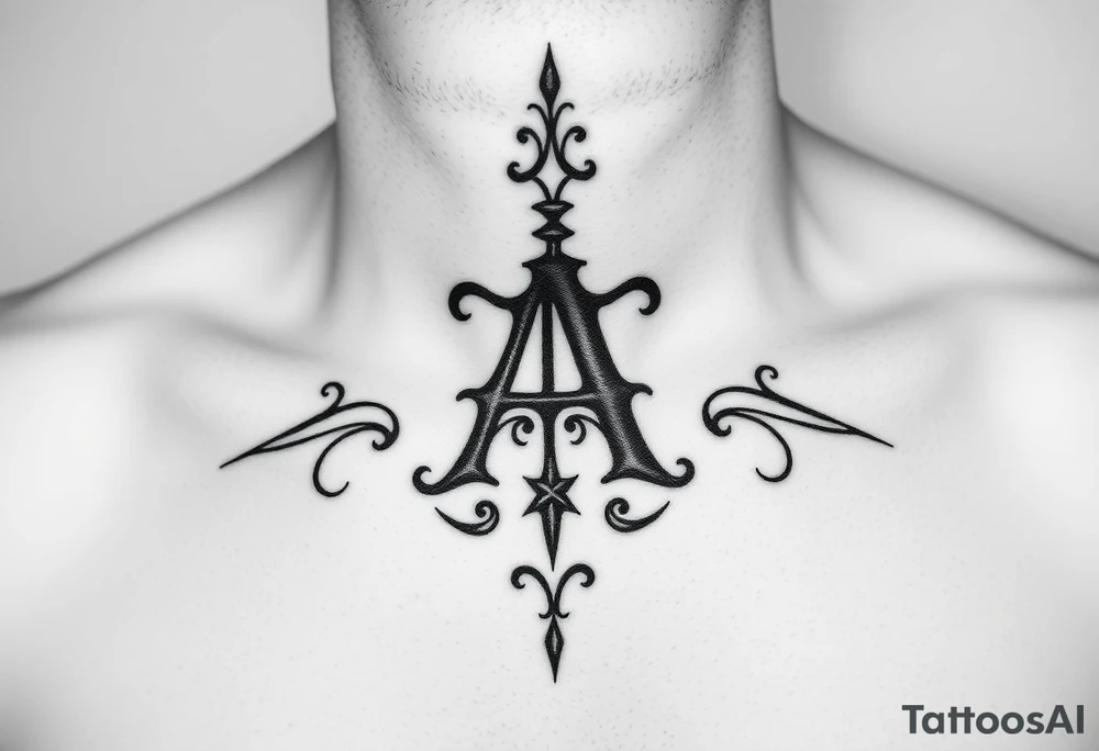 Create a center of the throat tattoo using old english font of Letter A with a background to cover whole throat area tattoo idea