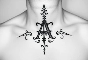 Create a center of the throat tattoo using old english font of Letter A with a background to cover whole throat area tattoo idea