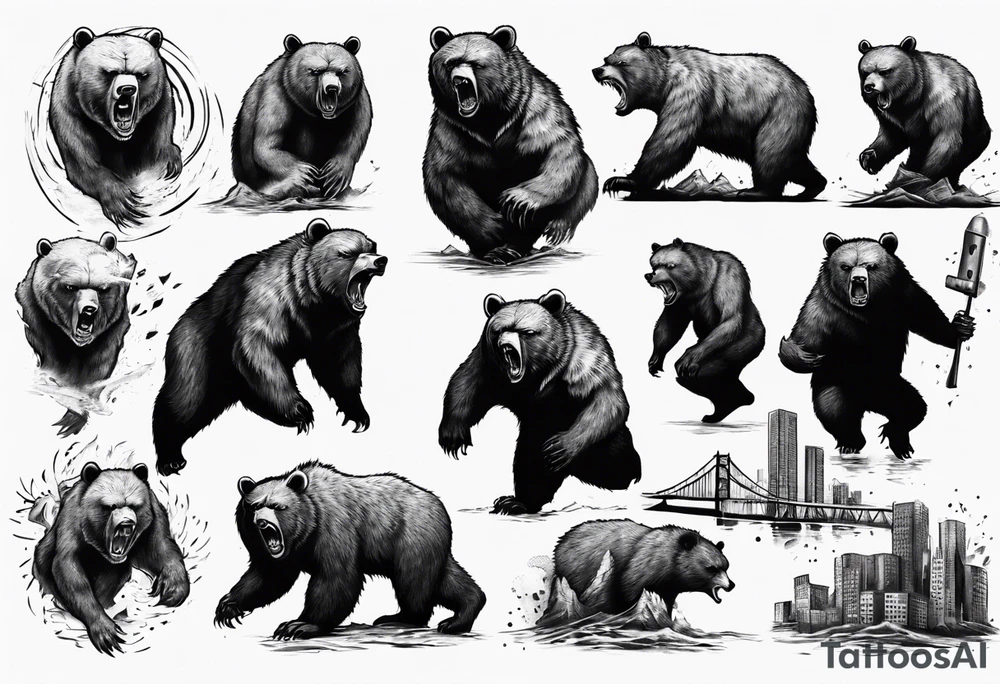 Angry bear coming up behind a city tattoo idea