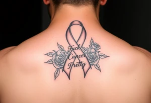 Cancer ribbon that says fuck cancer pretty with roses fits on fore arm tattoo idea