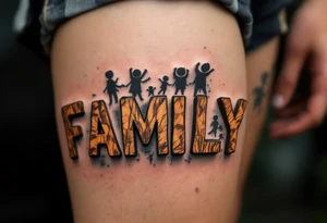 Family in capital letters, each one made of wooden textures in soft brown and beige tones. tattoo idea