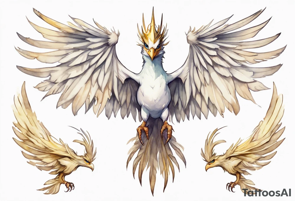 a watercolor of a white bird-wyvern hybrid wearing a plain crown, with light gold wing feathers tattoo idea