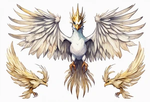 a watercolor of a white bird-wyvern hybrid wearing a plain crown, with light gold wing feathers tattoo idea