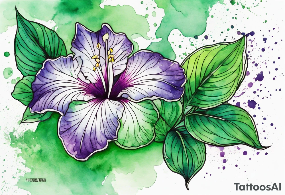 An outline of a green rio dipladenia flower and a green and purple watercolor splash in the background tattoo idea
