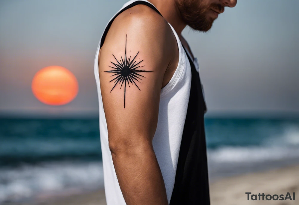 This is an extremely simple and minimalistic tattoo placed on male forearm. It is black and white with tiny splashes of orange from the sun. The tattoo is 4 inches wide by 2 inches tall. From the perspective of being on the ocean, the water is calm, with no waves in sight, the sun is setting behind the ocean, reflecting light onto the water. Most importantly, the tattoo is not in the shape of a circle. The water has shading. tattoo idea