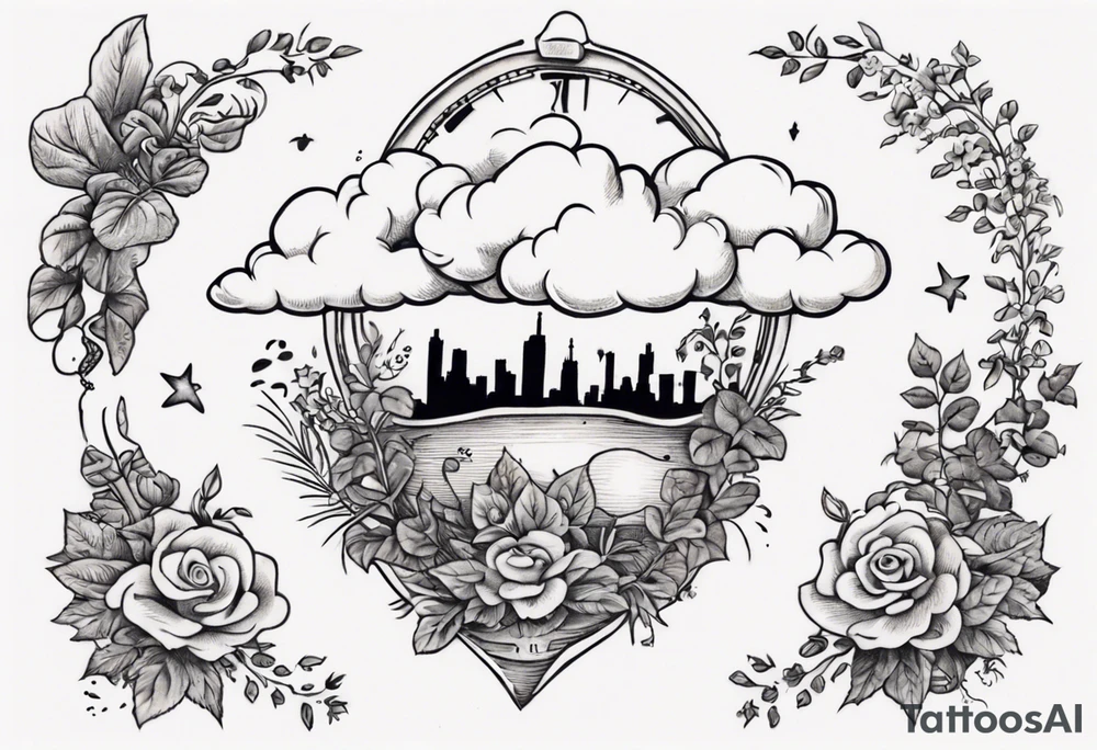 a forearm tattoo with a cloud with little plants and underneath it the date 12.08.05 tattoo idea