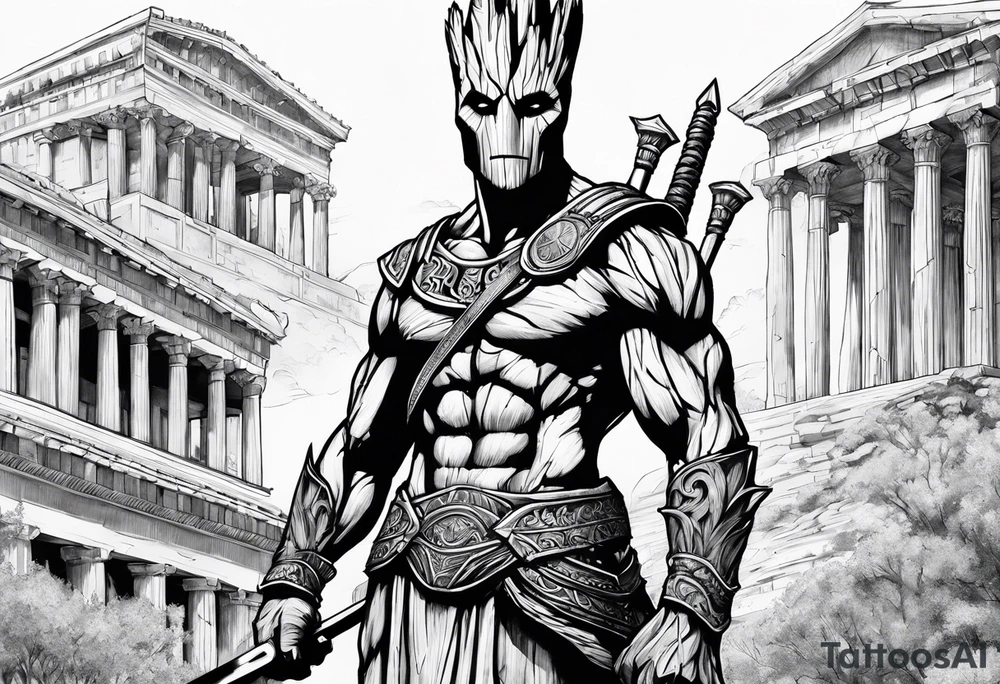 Groot greek warrior, half viewed with sword, knight, buildings are behind tattoo idea