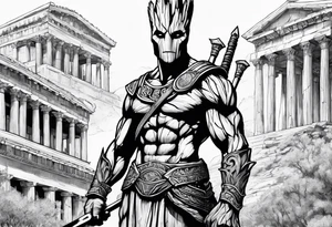 Groot greek warrior, half viewed with sword, knight, buildings are behind tattoo idea