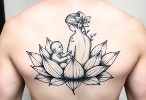 Mère assise en lotus qui allaite son bébé, la mère à une fleur de lys sur la tête et des racines d’arbre de vie tattoo idea