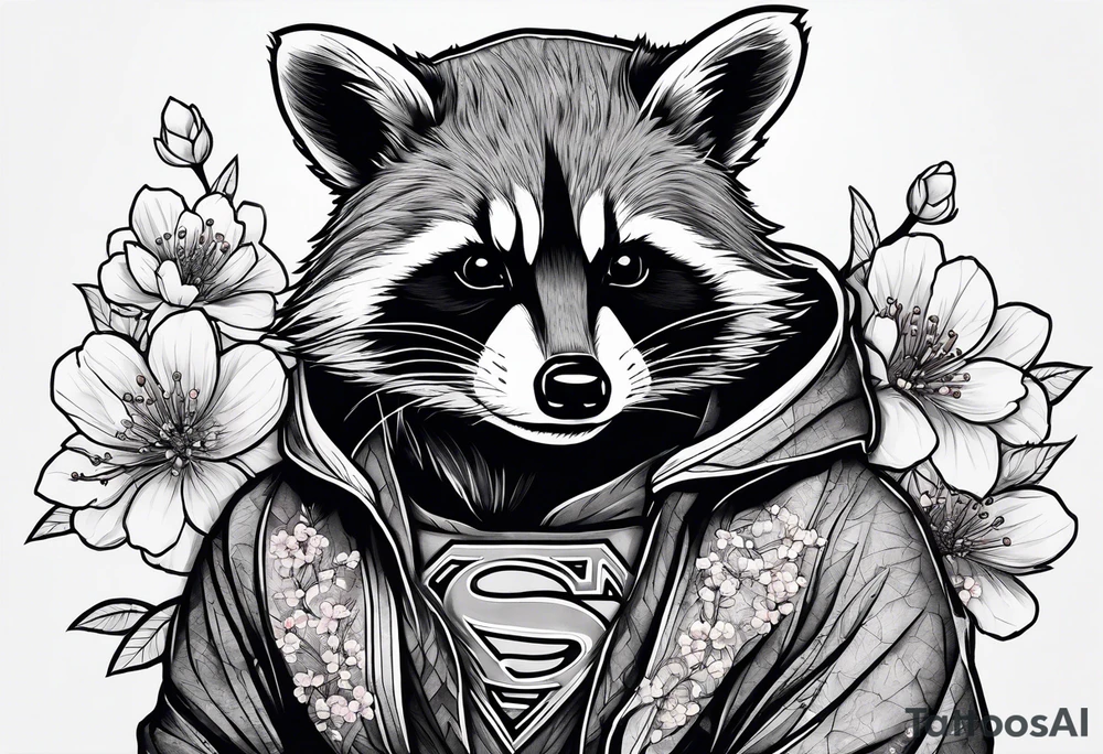 Raccoon wearing a Superman hoodie and Japanese cherry blossoms tattoo idea
