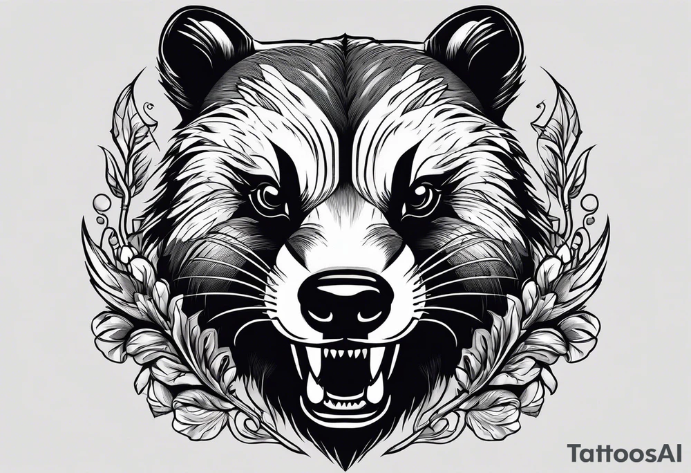 Draw me hunting badger with aggressive full body, killer face with a smile, very long nails and he attacks like a Turkish gladiator to enemy and also he has very deadly looking. The only weapon is his braveness he fights with his nails. Everybody scares after their first sight. And horror type Badger this is. tattoo idea