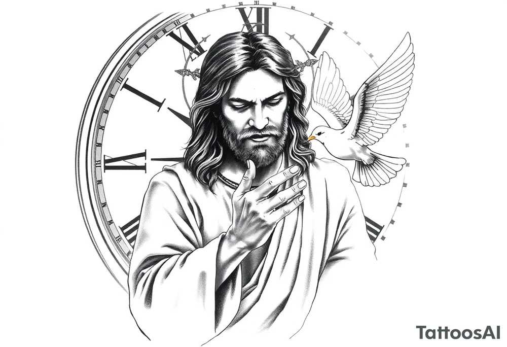 Clock in background, jesus praying, the creaton of adam, dove tattoo idea