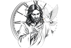 Clock in background, jesus praying, the creaton of adam, dove tattoo idea