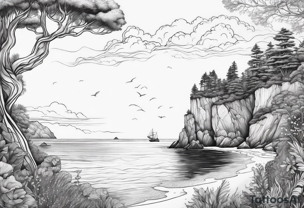 calm but great ocean and cliffs and sky and trees and underwater life tattoo idea calm but great ocean and cliffs and sky and trees and underwater life tattoo idea