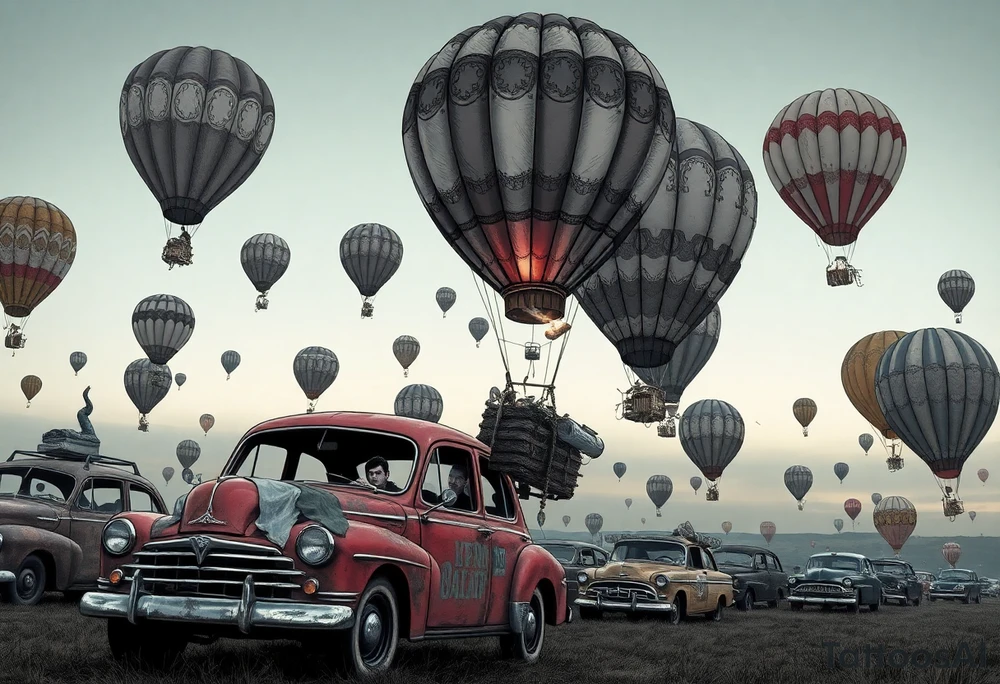 in a very steam punk vibe i want you to make a picture of a bunch of old beat up cars with people lounging in them and garbage and junk all up in and on them, tied to hot air balloons floating in the sky right about dusk and they are as far as the eye can see i want the cars to be floating as if they were the basket to the hot air balloons and the hot air balloons are all different colors and patterns and some are old and patched and i dont want to see the ground at all  i want this to be a scene that is up in the sky with them all floating under the balloons like it is in a dream and every single balloon in the picture is attached to a different old car, and some of the cars you can see people kicked back with thier feet out the window and stuff on the dash of the car, and some with people hanging an arm out hte window some have cigarrette smoke coming out the window, and the balloons all are different tattoo idea