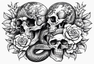 Snake, skulls, and flowers tattoo idea