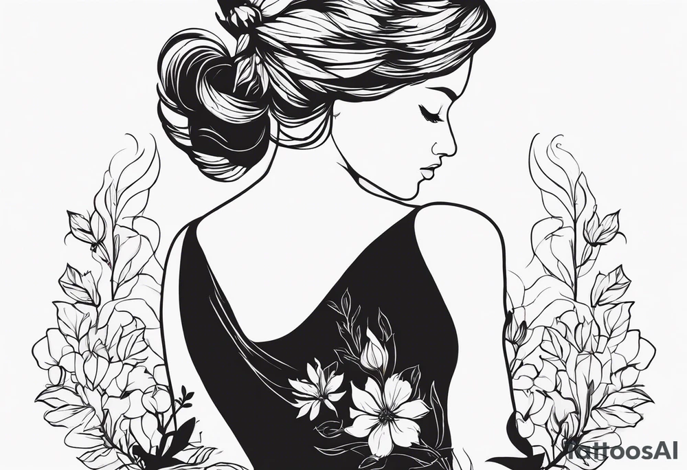 femenin silouette, fire and flowers, feminist tattoo, strong but really delicate, fine lines. No face, silouette. Minimalistic, silouette only, fine lines, no face tattoo idea