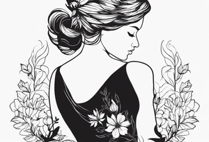 femenin silouette, fire and flowers, feminist tattoo, strong but really delicate, fine lines. No face, silouette. Minimalistic, silouette only, fine lines, no face tattoo idea