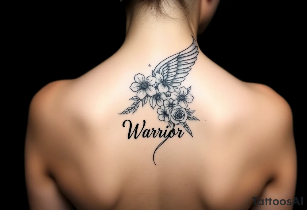 beautiful single angel wing with majestic flowers with word "Warrior" tattoo idea