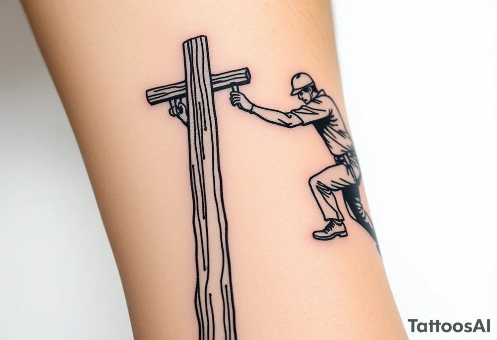 power lineman climbing a wooden 12kv pole. Make the pole a cross that has a hidden resemblance to god. tattoo idea
