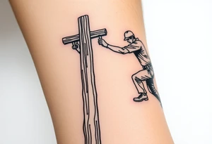 power lineman climbing a wooden 12kv pole. Make the pole a cross that has a hidden resemblance to god. tattoo idea
