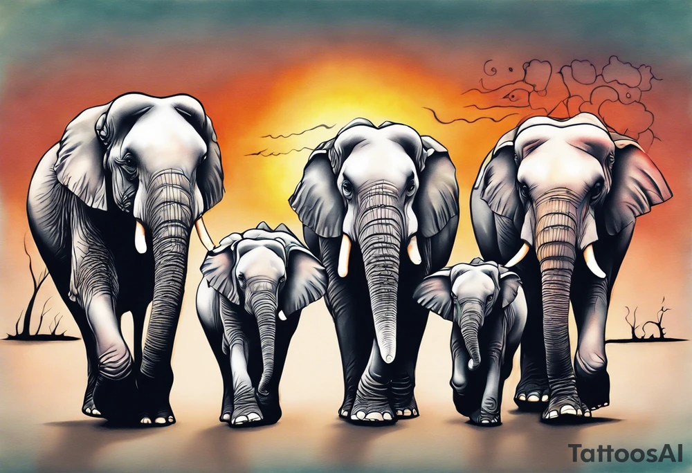 family of 6 elephants walking into sunset tattoo idea