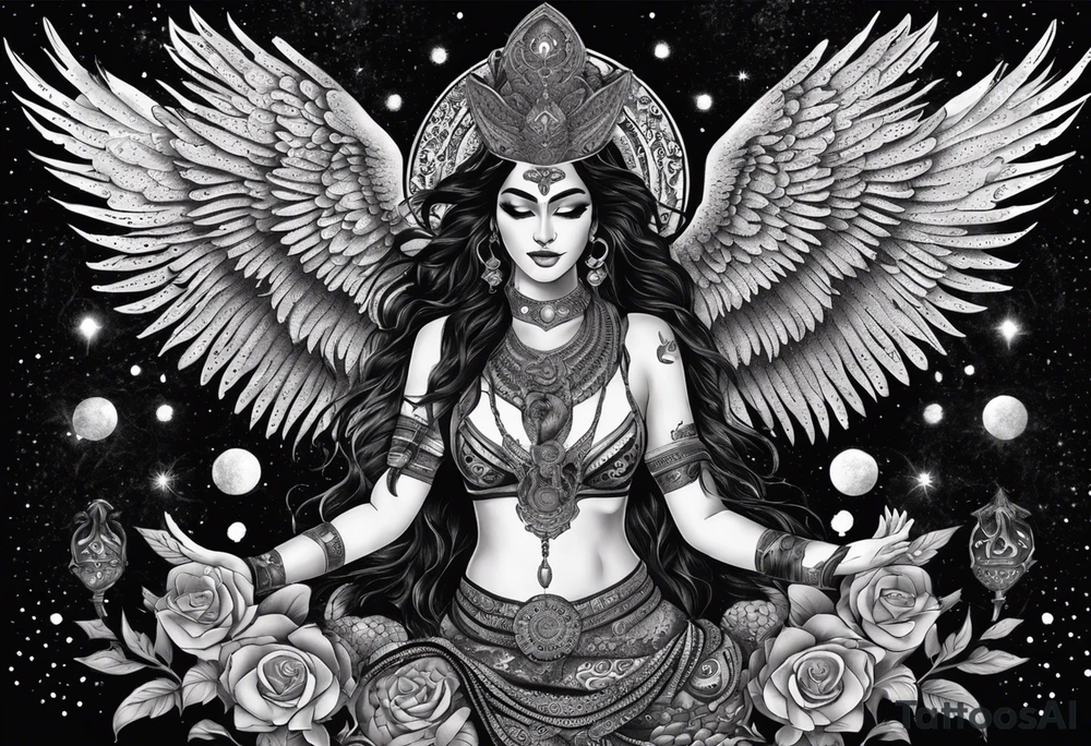 black kali, goddess pirate, alien, angel, pachamama, valkrye, warrior, flying, skull, lotus azul, wing, eagle, zenza resonance, stars, 5D, anahata chakra, death, durga, riding on a tiger, flying lady, kundalini, chest tatoo, samuri, rebel,serpent tattoo idea