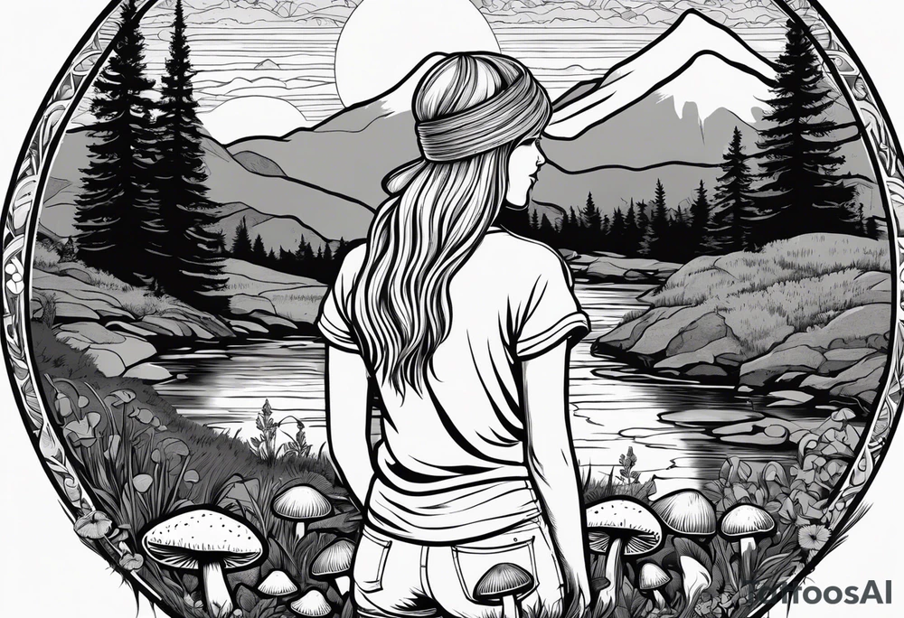 Whole picture encircled fully

Straight long blonde hair hippie girl in distance holding mushrooms in hand facing away toward mountains and creek surrounded by mushrooms tee shirt and hiking pants; whole rendering within a full circle, no cut off circle tattoo idea