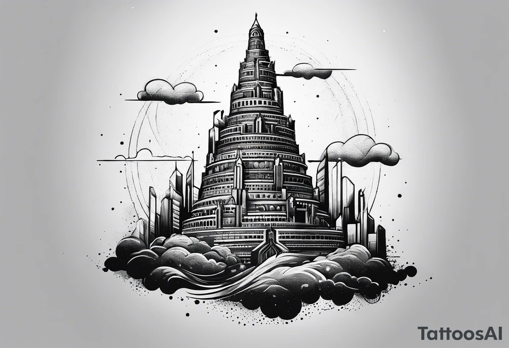 ultra minimalist tattoo of the Babel tower with a cosmic background tattoo idea