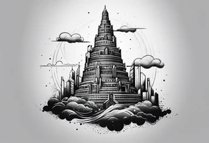 ultra minimalist tattoo of the Babel tower with a cosmic background tattoo idea