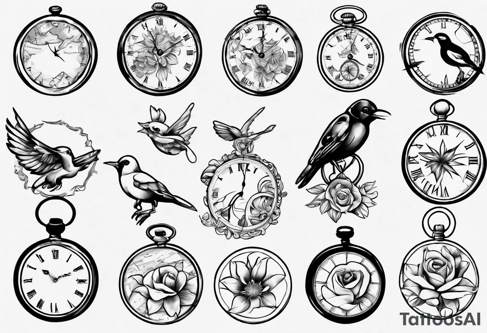 pocket watch, map , flower , bird tattoo idea