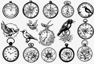pocket watch, map , flower , bird tattoo idea