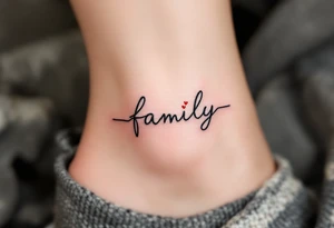 A heartbeat line forming the word family in black, with a small red heart at the center. tattoo idea