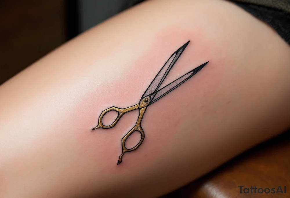 Geometric Scissors Tattoo – Scissors designed with sharp, angular lines and black ink to create a modern, minimalist geometric shape. The blades could have accents of gold to highlight their cutting edges. tattoo idea