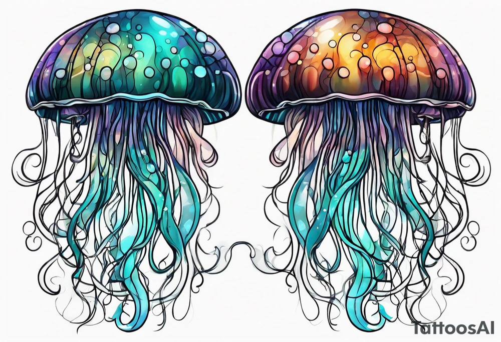 two jellyfish swimming together, one larger than the other, both with long tentacles of varying lengths and design tattoo idea