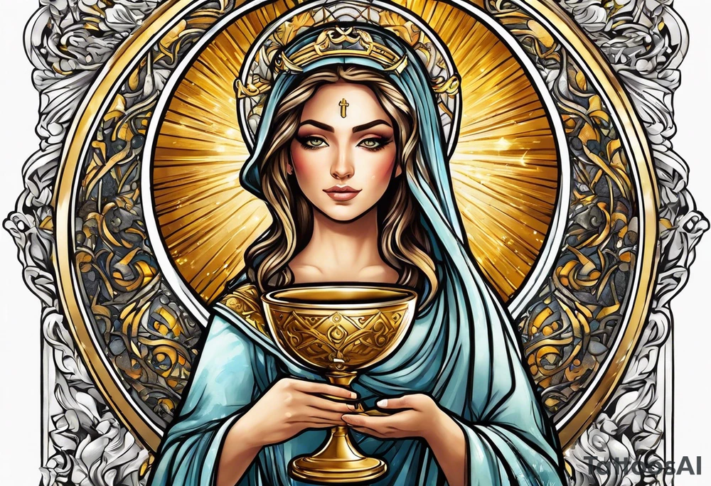 woman saint holding chalice surrounded by golden halo sideways tattoo idea