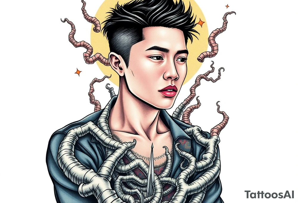 Handsome Asian young guy lost in a cursed labyrinth tattoo idea