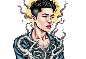 Handsome Asian young guy lost in a cursed labyrinth tattoo idea