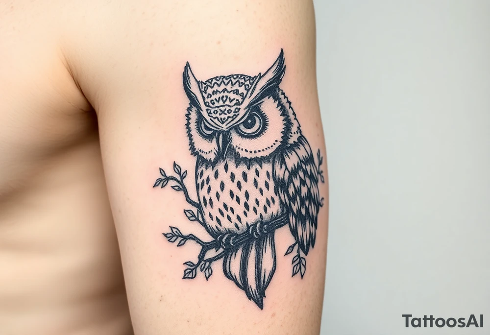 wise owl  with vine crawling and wrapping around the owl to where you can only see owls one eye peeking through tattoo idea