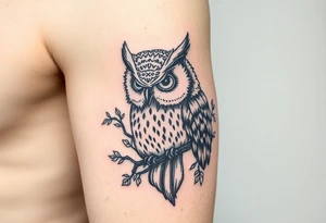 wise owl  with vine crawling and wrapping around the owl to where you can only see owls one eye peeking through tattoo idea