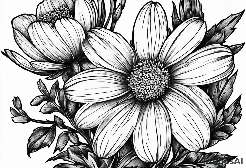 daisies, larkspur, olive stem tattoo idea