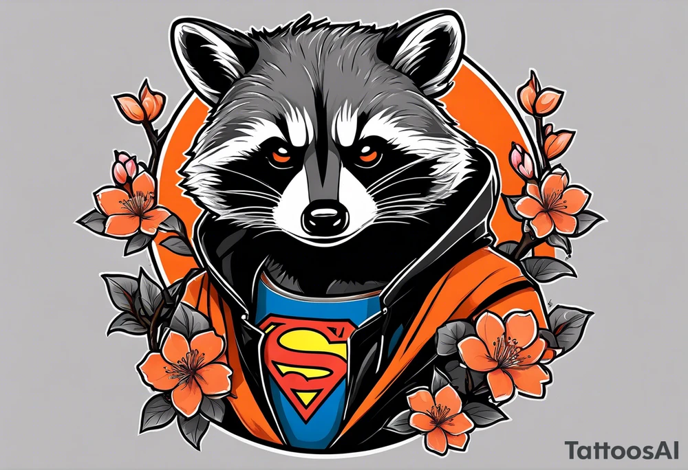 Raccoon wearing a white Superman logo on a black hoodie and orange Japanese cherry blossoms tattoo idea